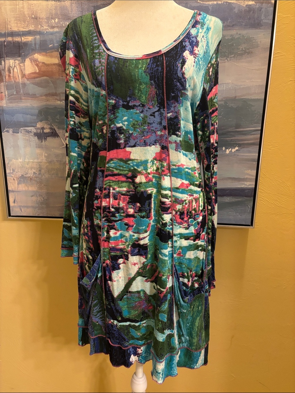 Abstract Multicolor Long Sleeve Women's Dress in Teal and Pink